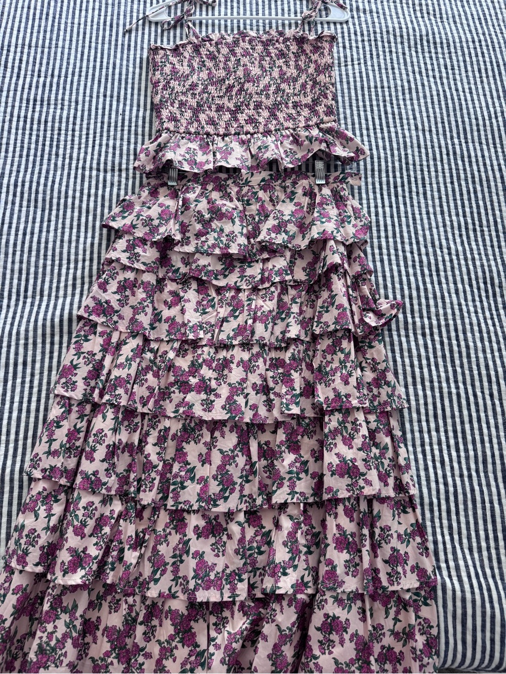 AUREUM Blush Pink Smocked Maxi Dress with Floral Trim